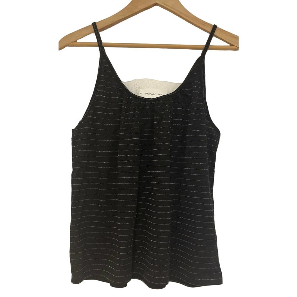 Banana Republic Women's Shiny Silver Striped Lightweight Tank Top, Black, XL